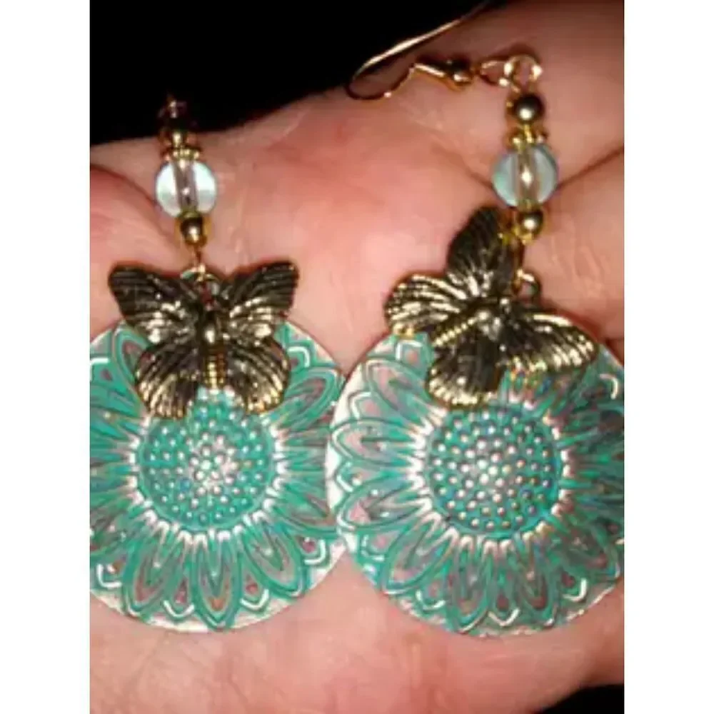 New - Bohemian Round Blue Sunflower and Butterfly Drop Earrings